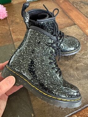 Black Glitter Patent Dr. Martens Boots with Yellow Stitching